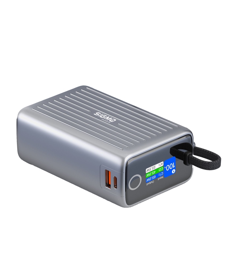 Павербанк Sigma mobile X-power SI25A5QLX grey (25000mAh, 100W, VLITACHOK, LED кольоровий, компактний розмір, вбудований кабель Type-C)
